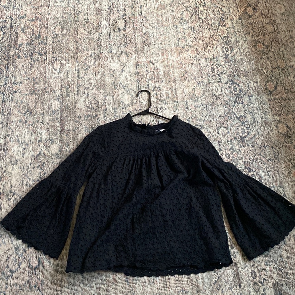 Bell Sleeve Eyelet Top with Ruffle Neck